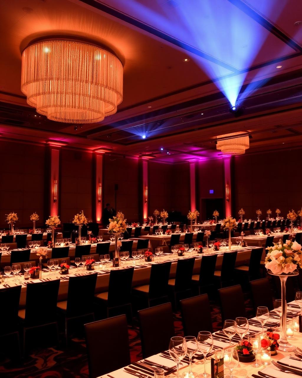 Corporate gala ballroom with dramatic lighting