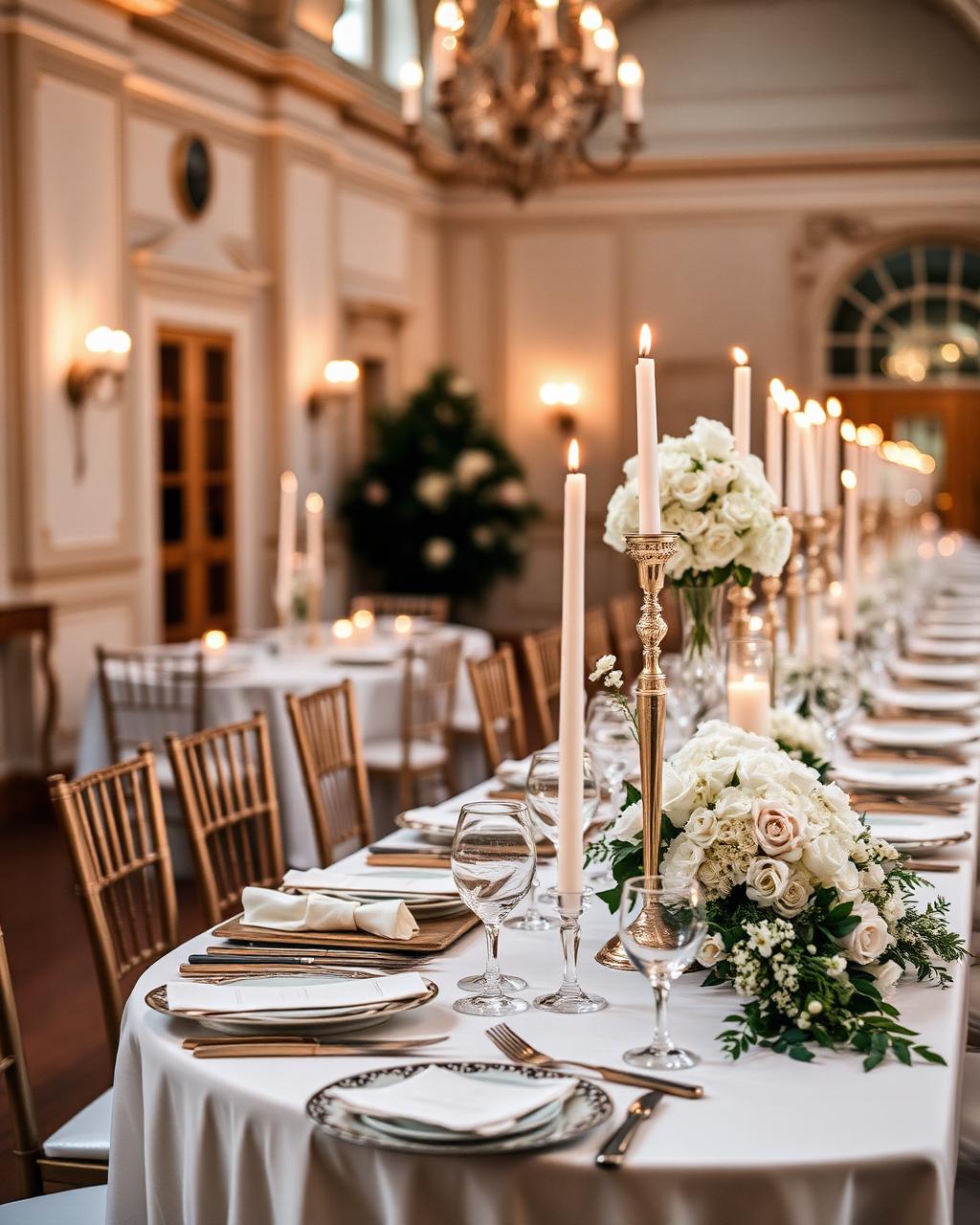 Candlelit wedding reception with white florals